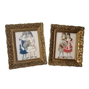 Antique Set 2 Framed Silk Lace Ribbon Art Paper Doll Art Deco Gold Floral